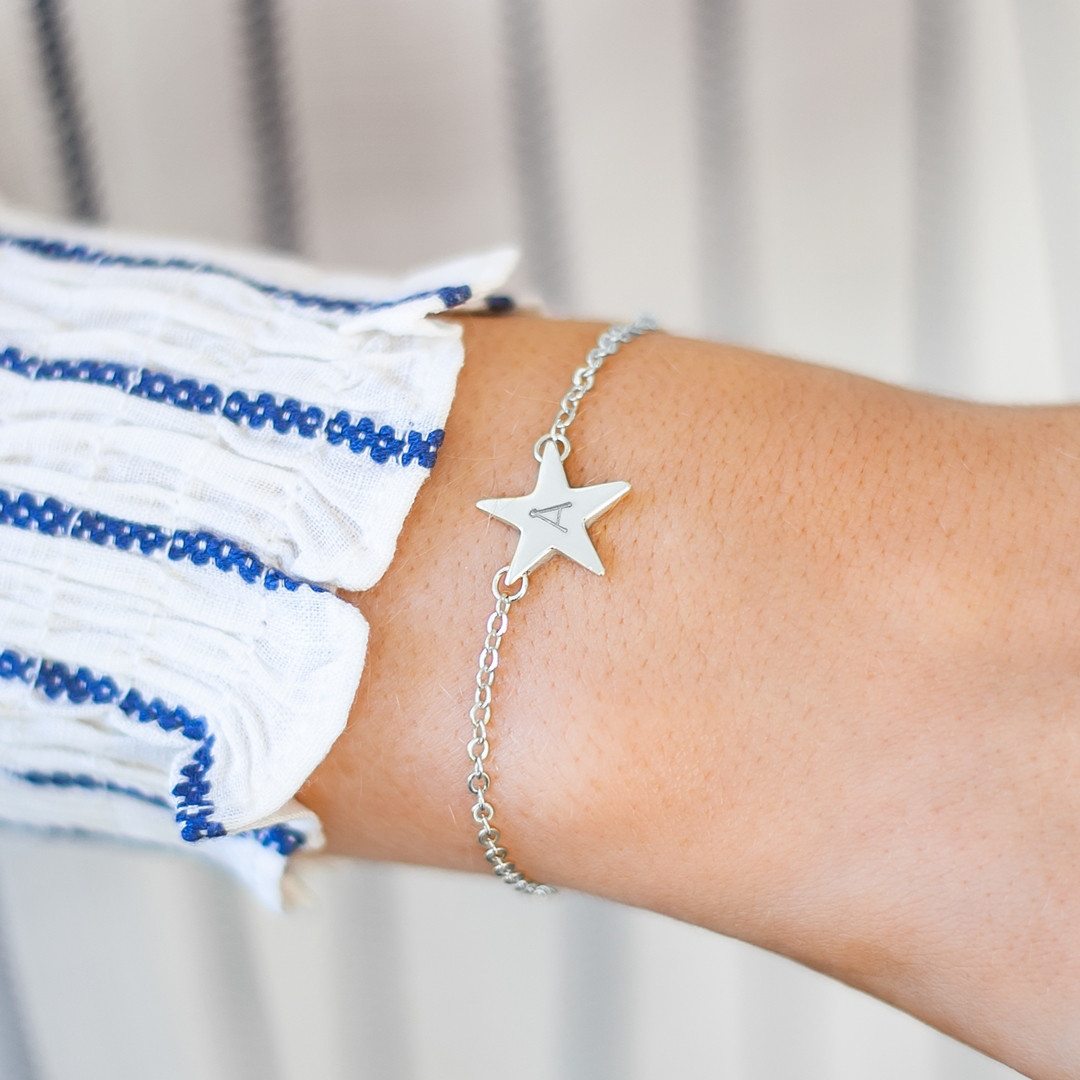 Sterling Silver Initial Star Bracelet With Letter A Engraving