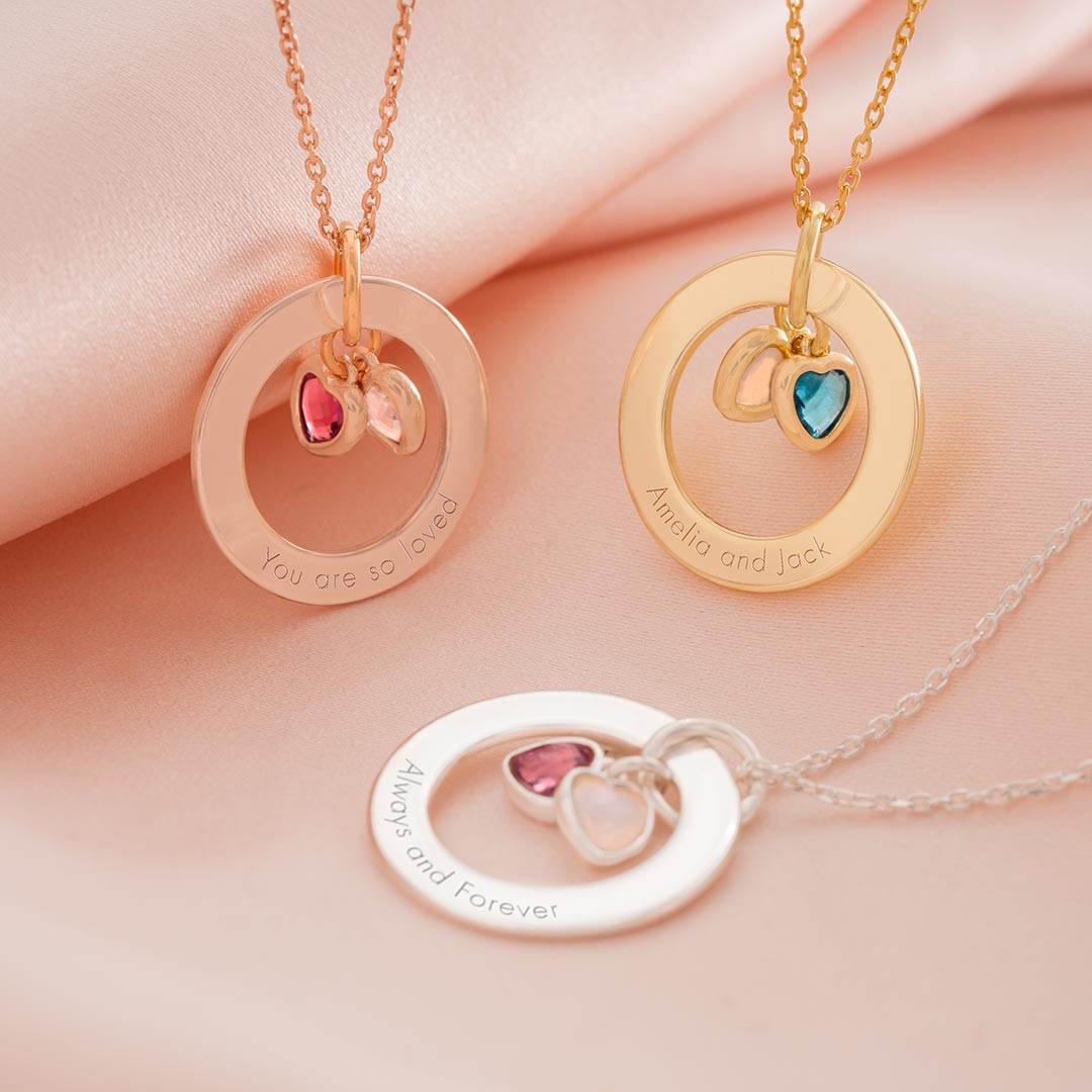 Personalised Family Eternal Ring & Heart Birthstone Necklace Photo Gift Set