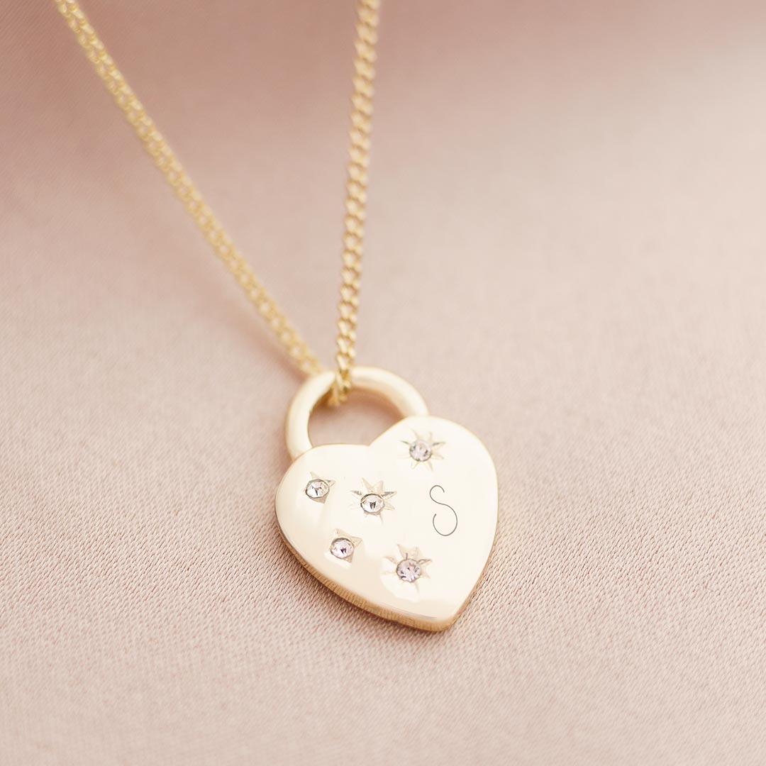Champagne Gold Crystal Heart Lock Initial Personalised Necklace