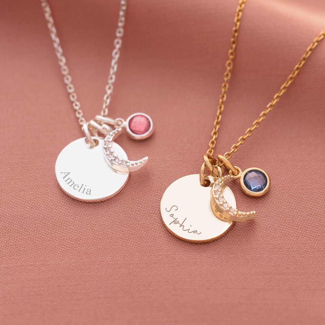 Crystal Moon and Birthstone Personalised Necklace