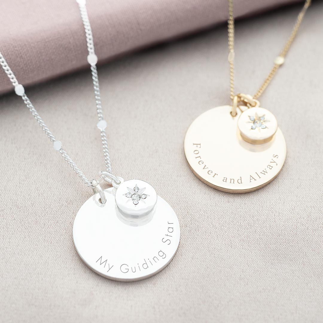 Crystal Star and Disc Charm Personalised Necklace in Silver and Champagne Gold