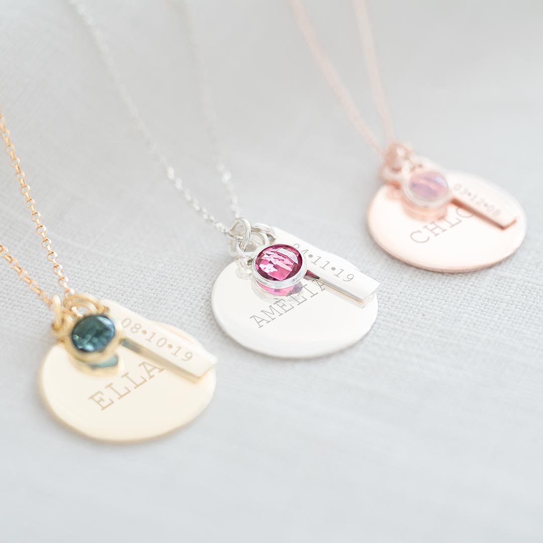 sterling silver disc, bar and birthstone personalised necklace