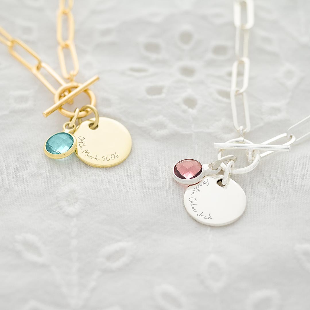 Disc and Birthstone Statement Personalised Necklace