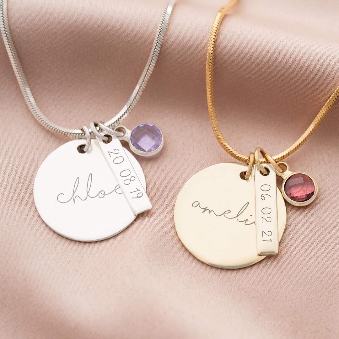 Personalised Slider Necklace with Name Disc Charm, Date Bar Charm and Birthstone Charm
