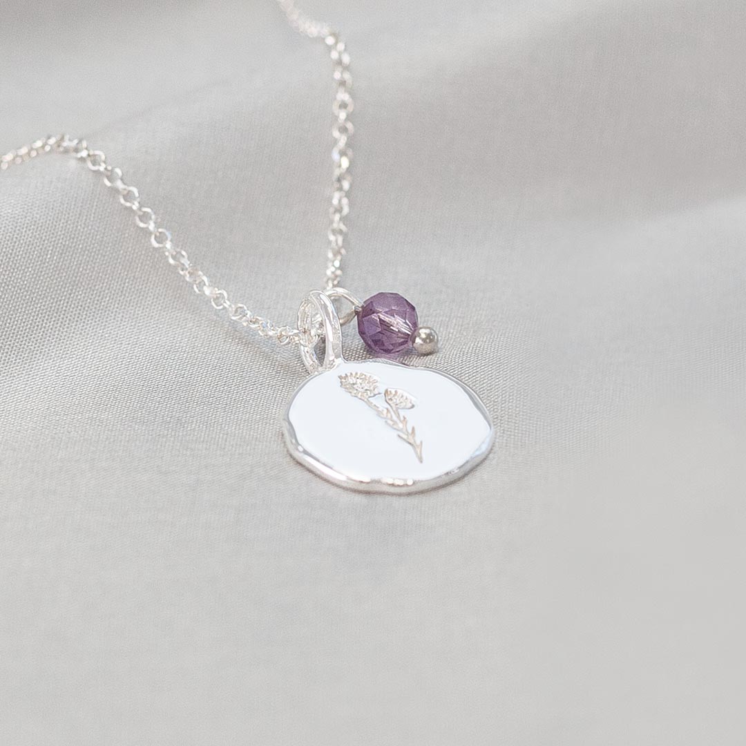 Sterling Silver Organic Disc Pendant Personalised with Birth flower Engraving and Birthstone Bead