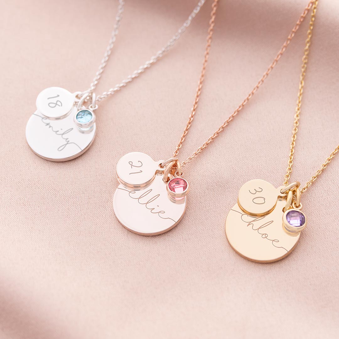 Esme 30th Birthday Disc and Birthstone Personalised Name Necklace