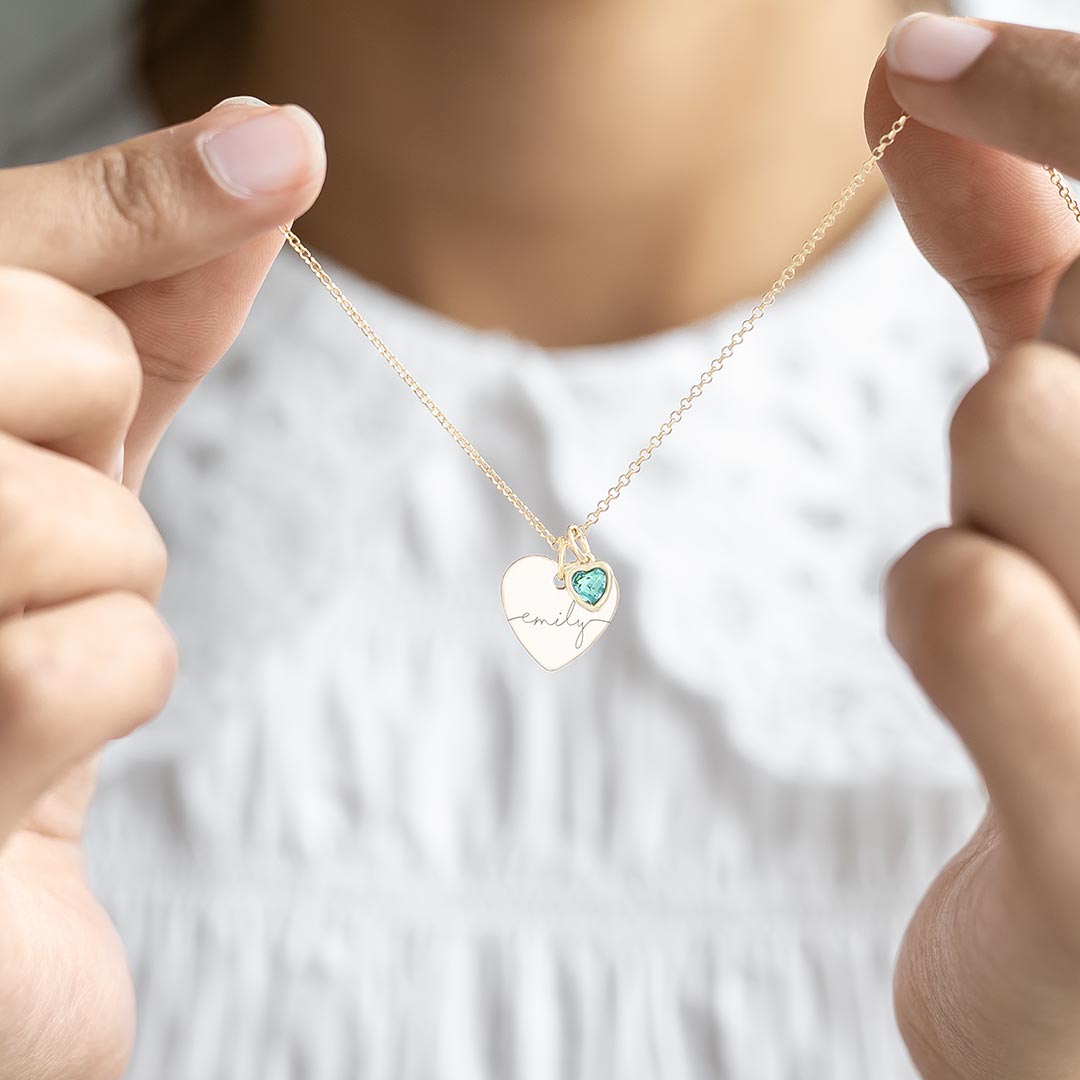 Gold Esme Heart and Aquamarine Heart Birthstone Personalised Name Necklace