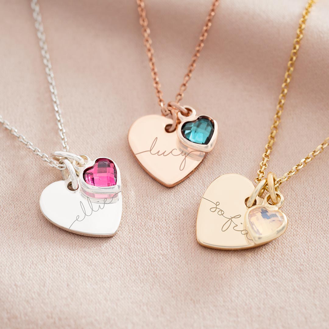 Personalised Esme Heart and Heart Birthstone Name Necklace Photo Gift Set