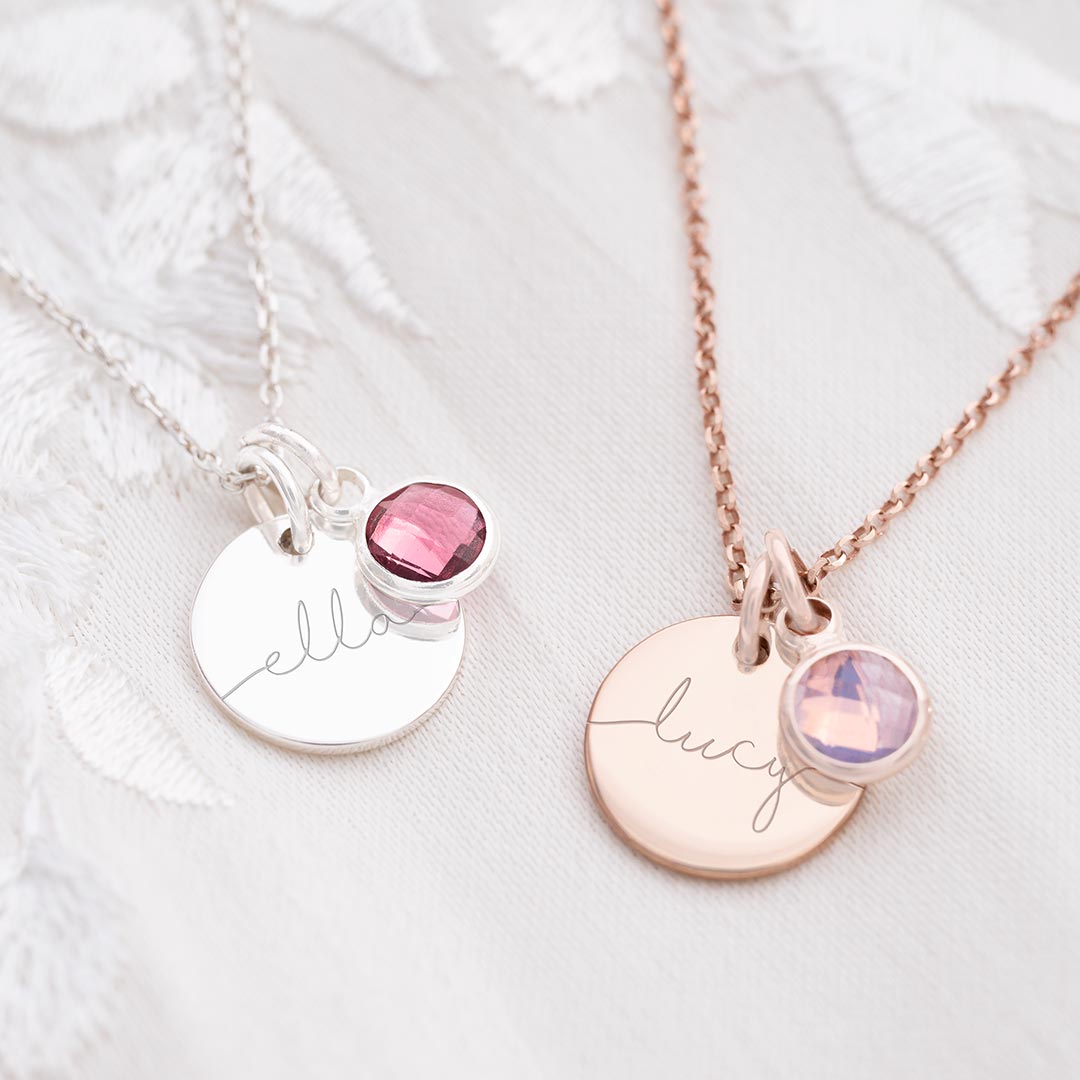 Rose Gold Plated Sterling Silver Name Disc Personalised with Name and Birthstone