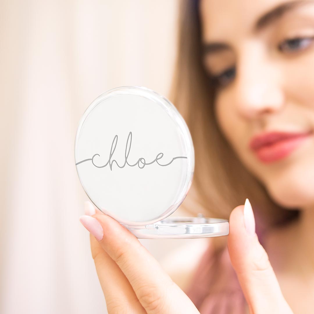 Silver Plated Compact Mirror with Modern Script Style Name