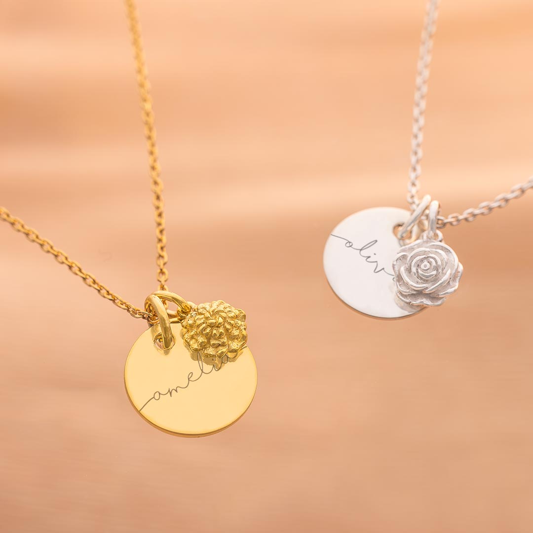 sterling silver and gold plated sterling silver esme disc necklace personalised with name and birth flower