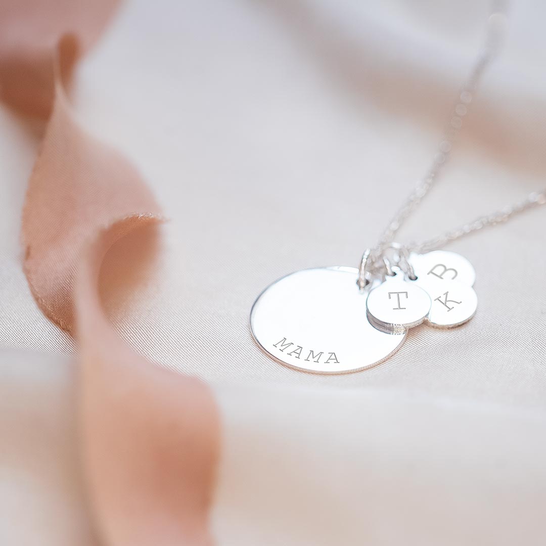 Silver Disc Pendant Necklace Engraved in Typewriter Style with a Name and Three Initials
