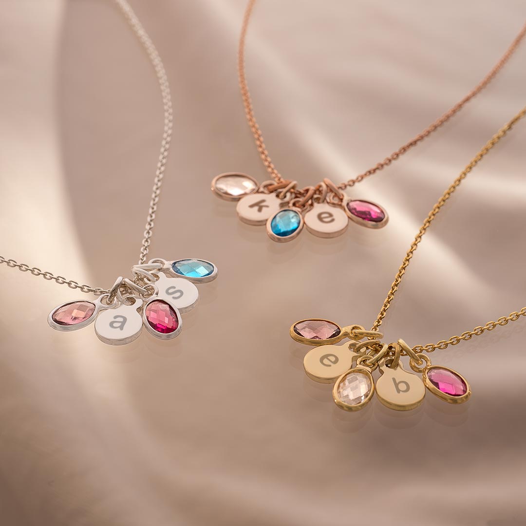 Family Oval Birthstone and Disc Personalised Initial Necklace