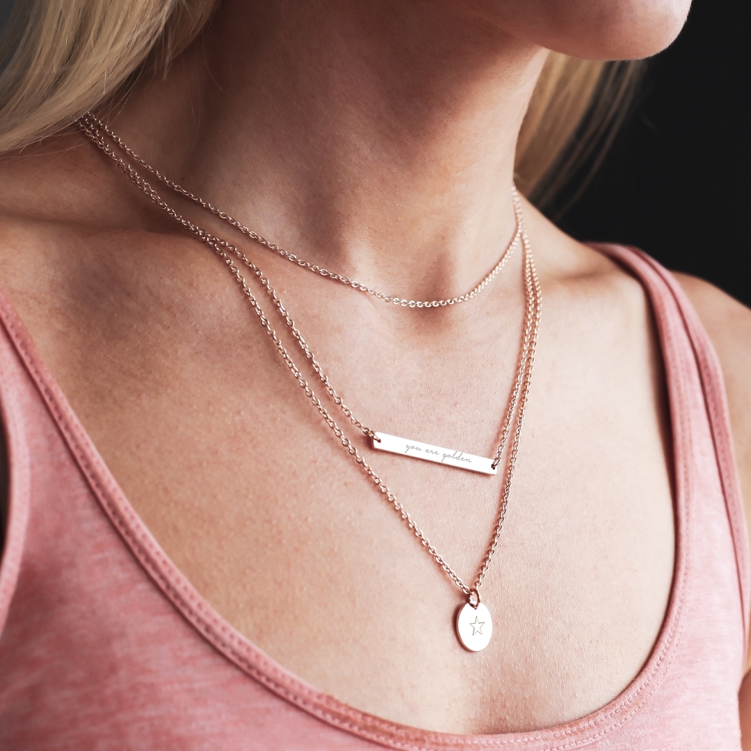 Layered Style Necklace with Illustrated Disc and Message Bar in Rose Gold Plated