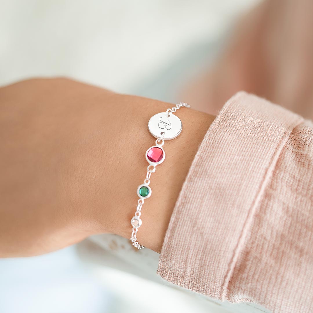 Personalised Initial Disc and Family Birthstone Bracelet