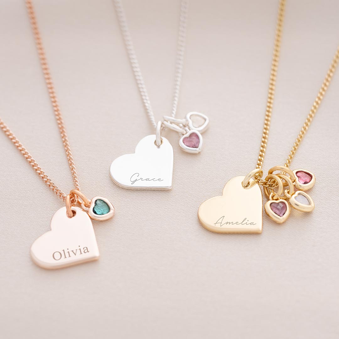 Heart Charm and Birthstone Personalised Name Necklace available in rose gold, silver and champagne gold