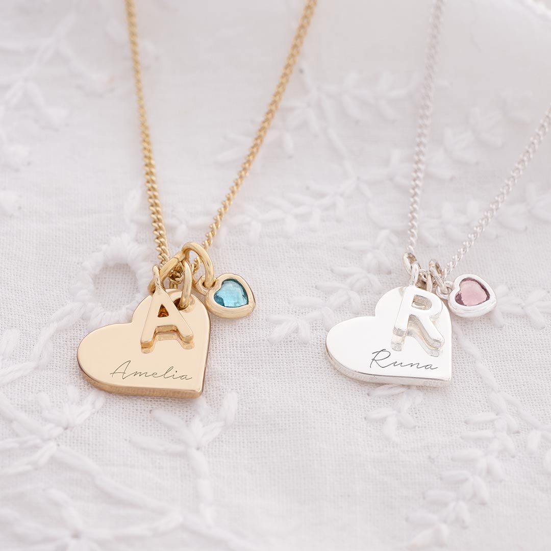 champagne gold plated heart charm necklace personalised with chosen initial and engraved name