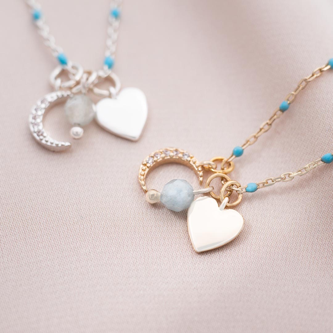 Heart, Crystal Moon and Semi Precious Birthstone Personalised Necklace in Silver and Gold Plated
