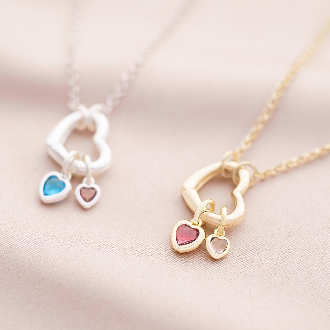 heart clasp and heart birthstone necklace available in silver and champagne gold plated