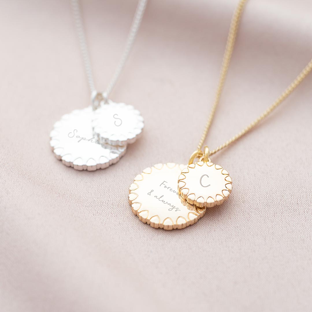 Heart Edge Family Disc Personalised Message Necklace available in silver and champagne gold