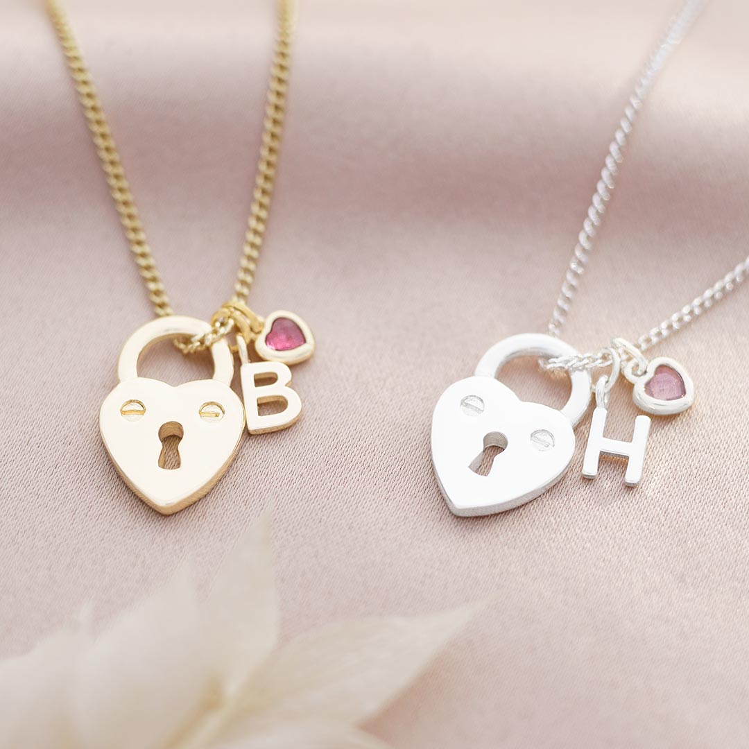 Heart Lock, Letter and Heart Birthstone Charm Personalised Necklace Available in Silver Plated and Gold Plated