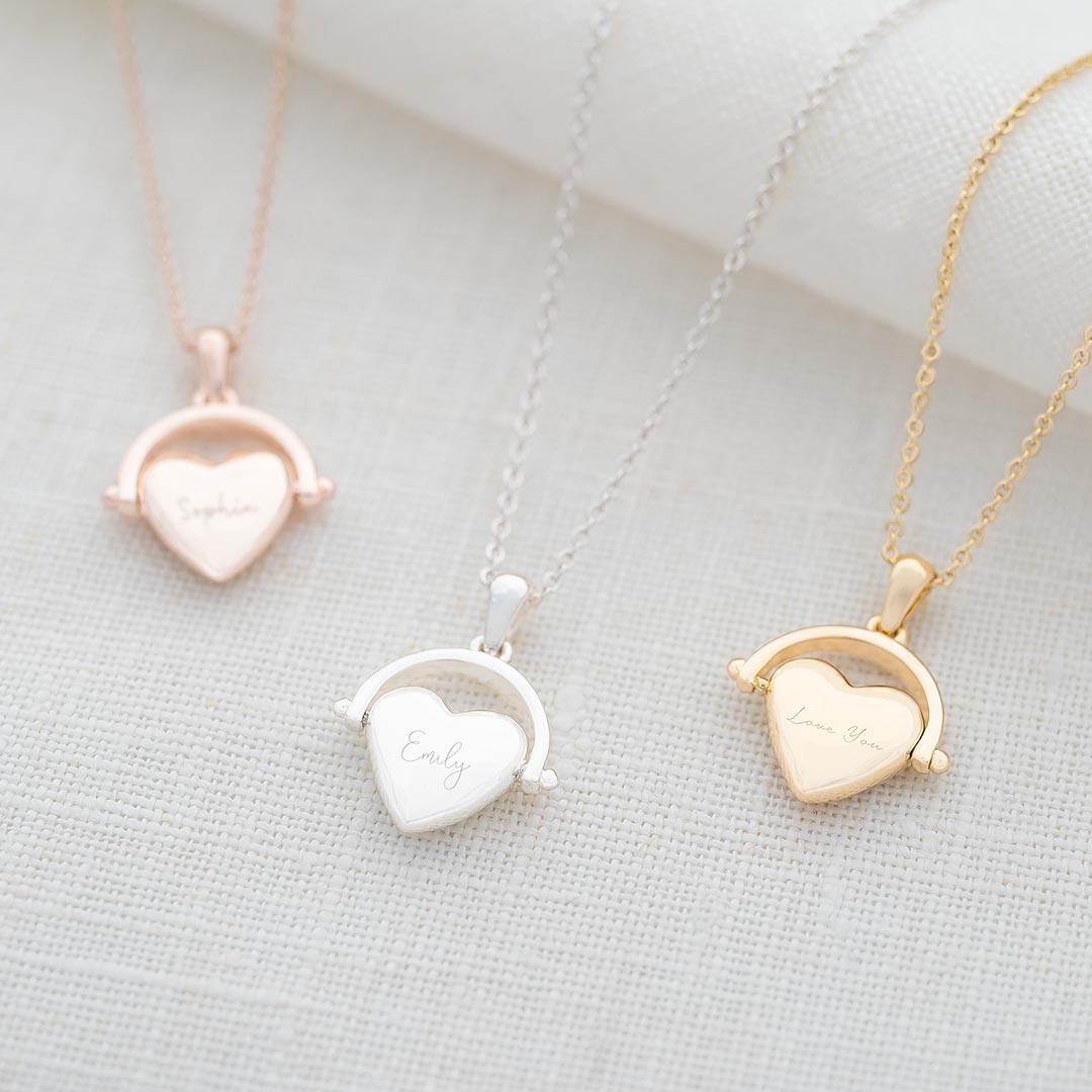 heart spinner pendant necklace in sliver, rose gold and gold