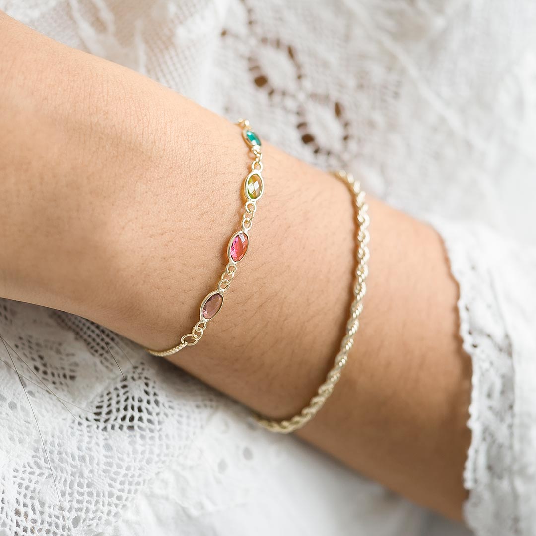 Gold Oval Birthstone Bracelet and Rope Style Chain Set