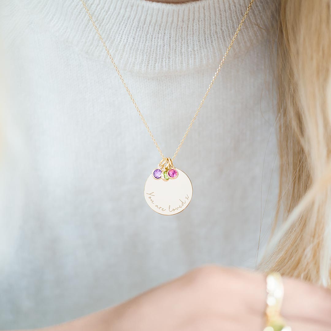 Family Disc Pendant & Birthstone Personalised Necklace