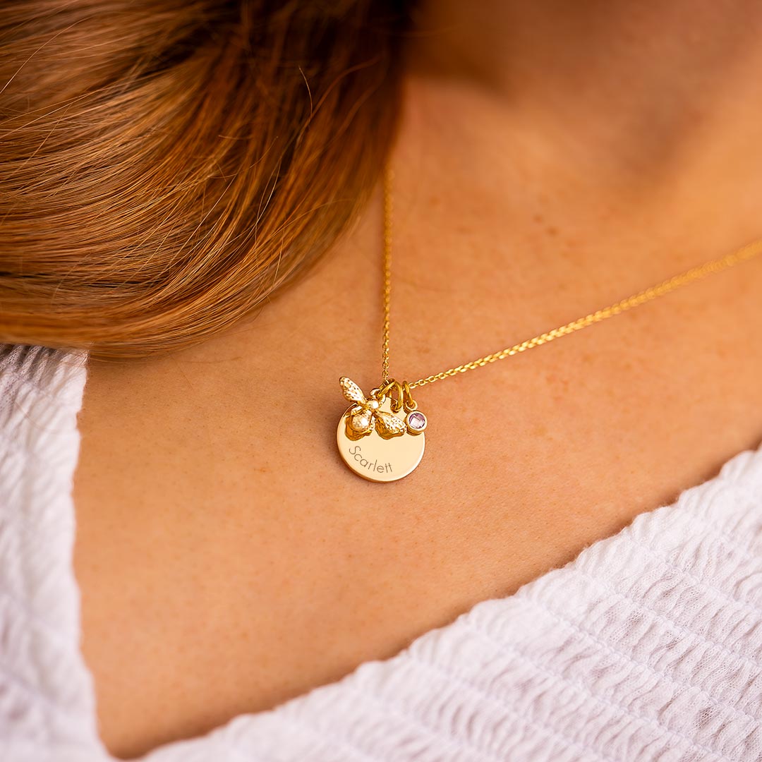 Honey Bee, Disc and Birthstone Personalised Message Necklace