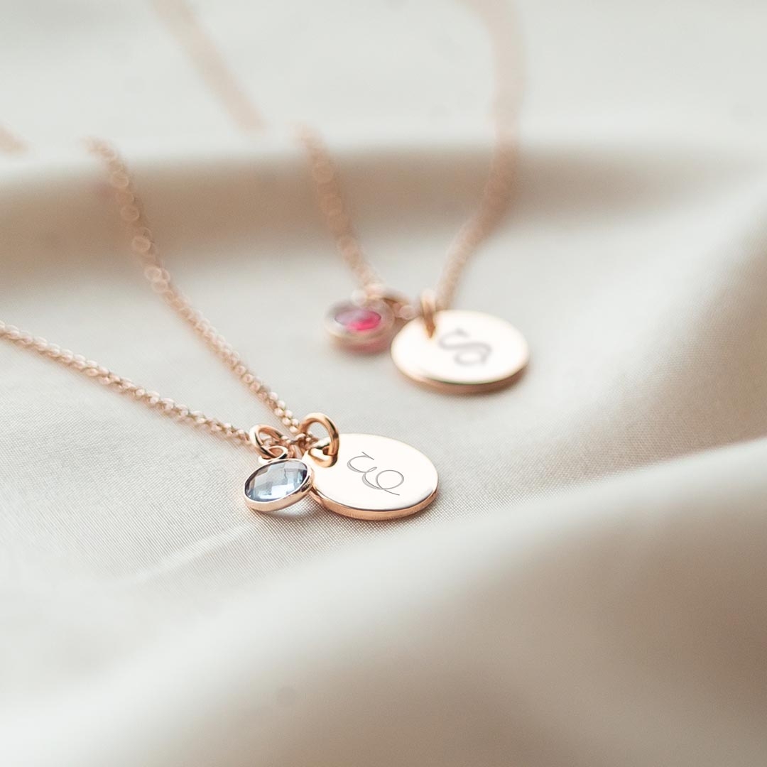 Script Style Initial on Rose Gold Disc Necklace with Birthstone charm