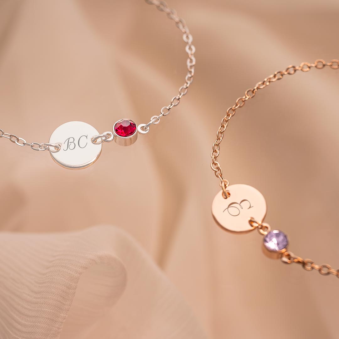 Initial Disc and Colette Birthstone Personalised Bracelet