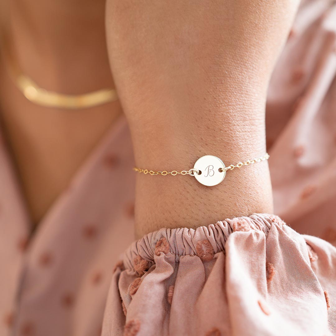 Champagne Gold Initial Disc Personalised Bracelet with B Initial