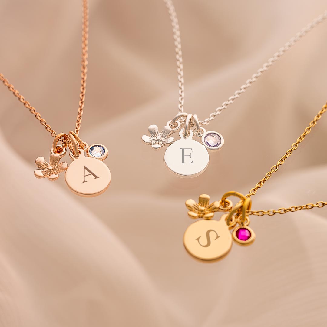 micro flower and birthstone personalised necklace available in silver, rose gold and champagne gold
