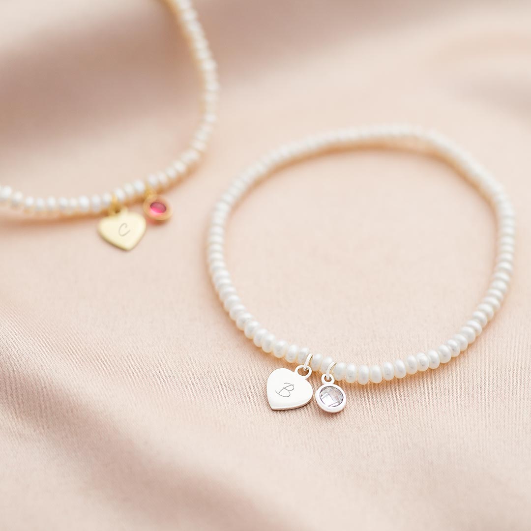 Sterling Silver Heart and Birthstone Delicate Pearl Personalised Bracelet