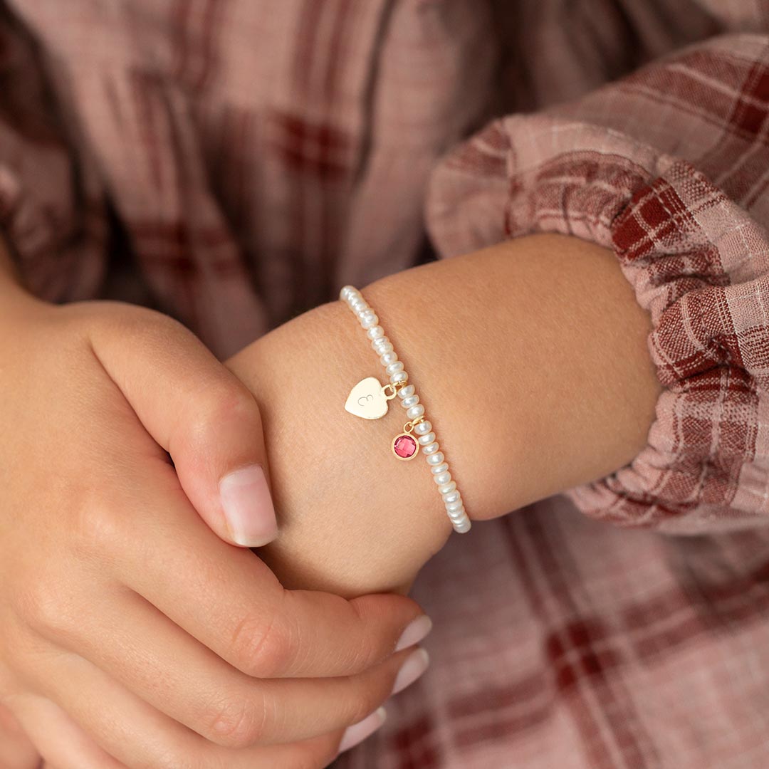 Mini Heart and Birthstone Delicate Pearl Personalised Bracelet