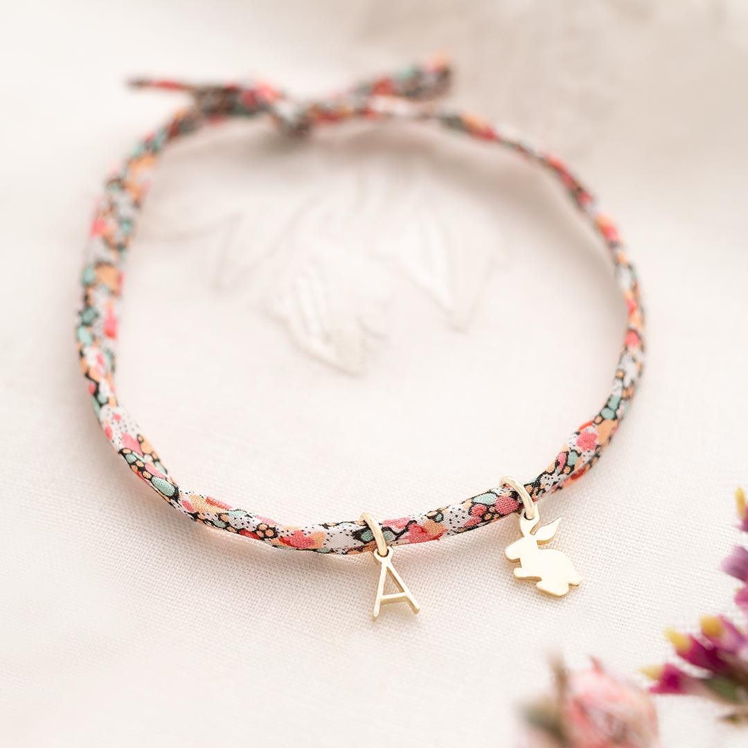 Mini Liberty Print Bunny and Letter Charm Personalised Bracelet