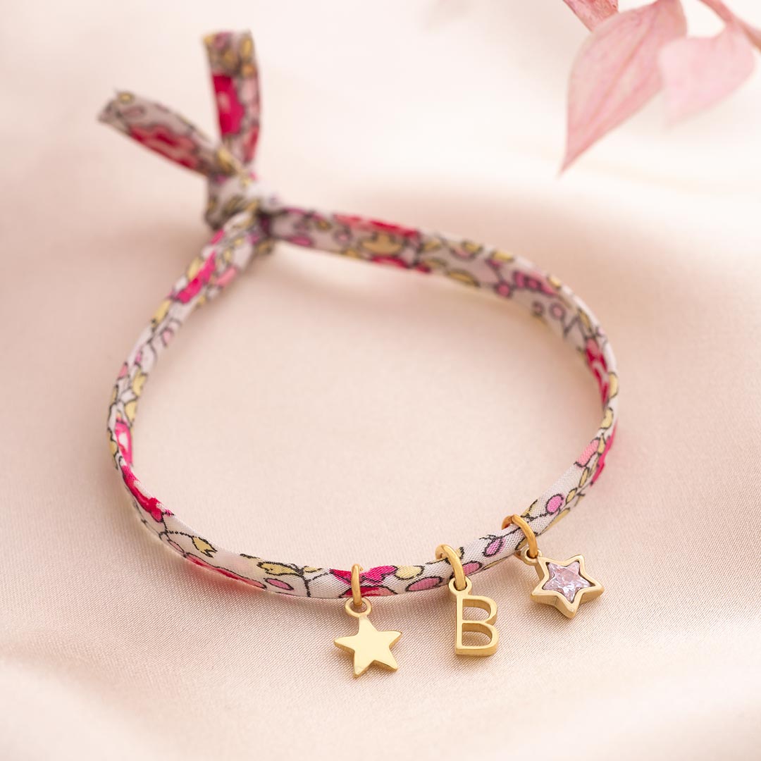 Mini Liberty Print Star, Letter and Star Birthstone Personalised Bracelet