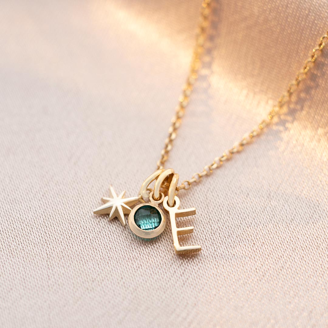 Mini North Star, Letter and Birthstone Personalised Necklace
