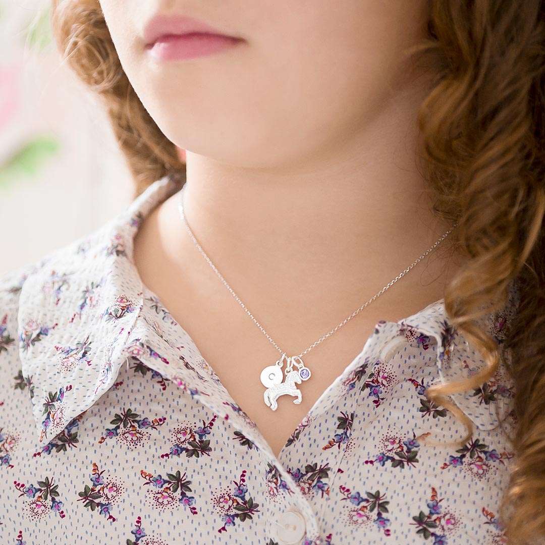 Mini Bloom Sterling Silver Pony Necklace with handstamped disc charm and micro birthstone