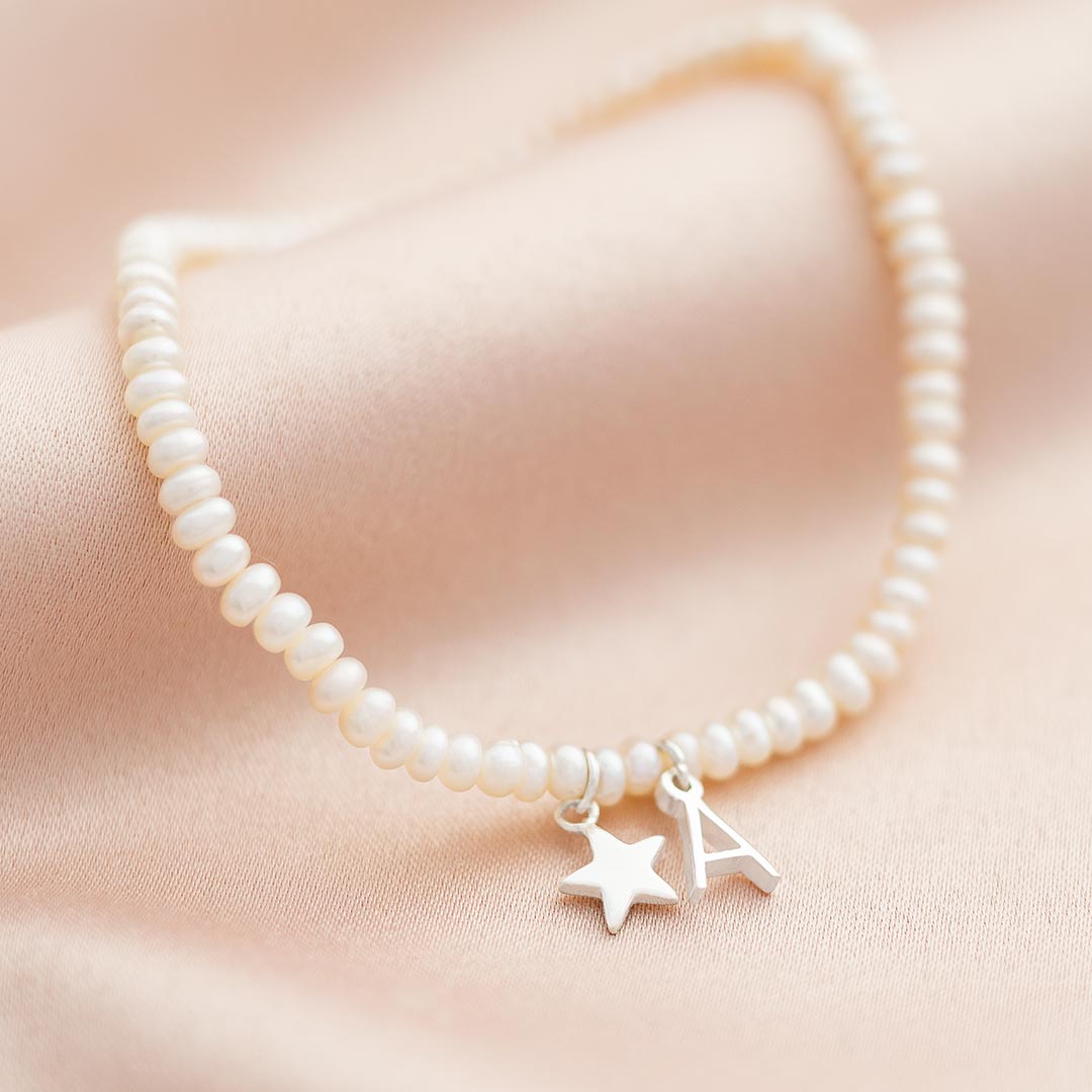 Mini Star and Letter Delicate Pearl Personalised Bracelet in Sterling Silver