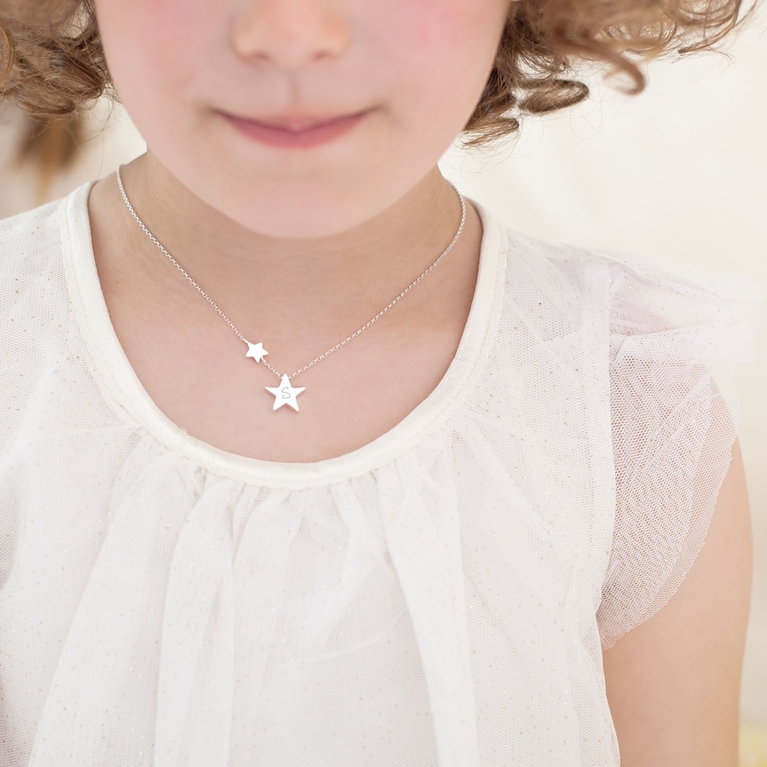 Kids Silver Necklace chain with Two Star Pendants Personalised with Initial "S"