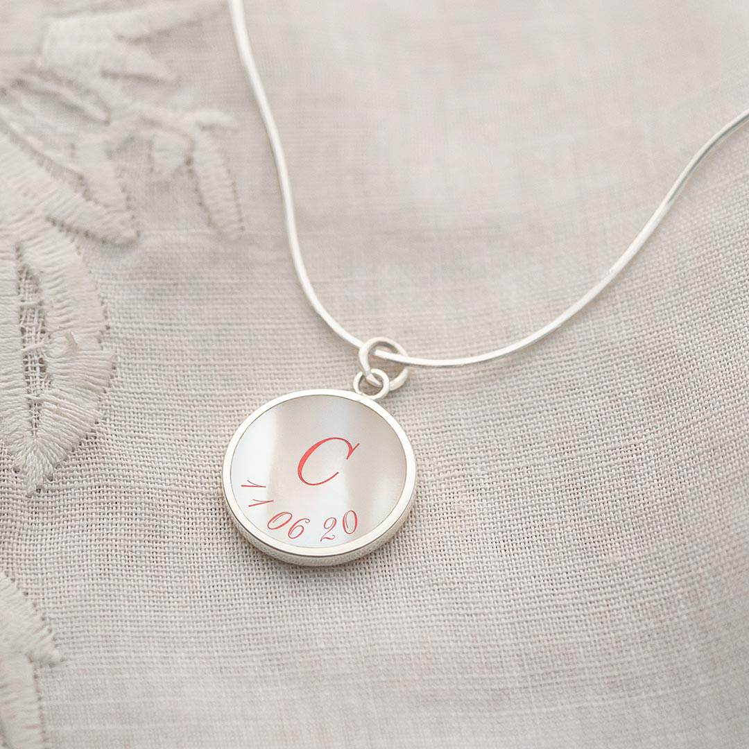 Personalised Mother of Pearl Charm necklace Engraved with Initial and Date 
