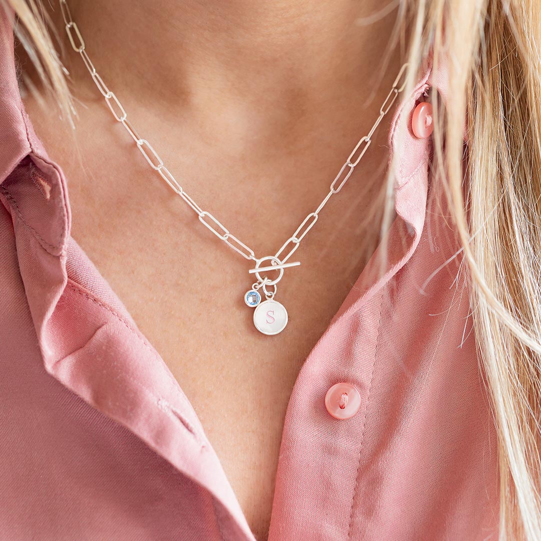 Sterling Silver Large Link Chain Personalised Pearl Initial Disc and Birthstone Necklace