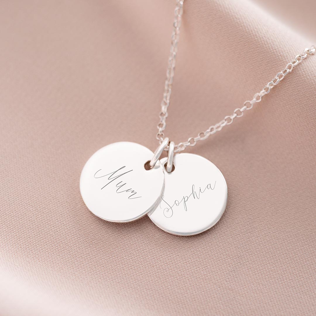 sterling silver mum and me double disc necklace personalised with calligraphy style names