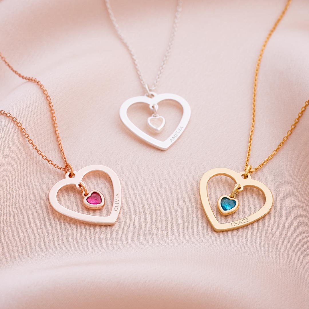 open heart and birthstone personalised necklace available in a silver, rose gold and champagne gold colourway