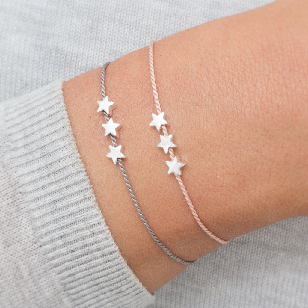 Personalised Silver Triple Star Silk Wish Bracelet in Both Grey and Pink