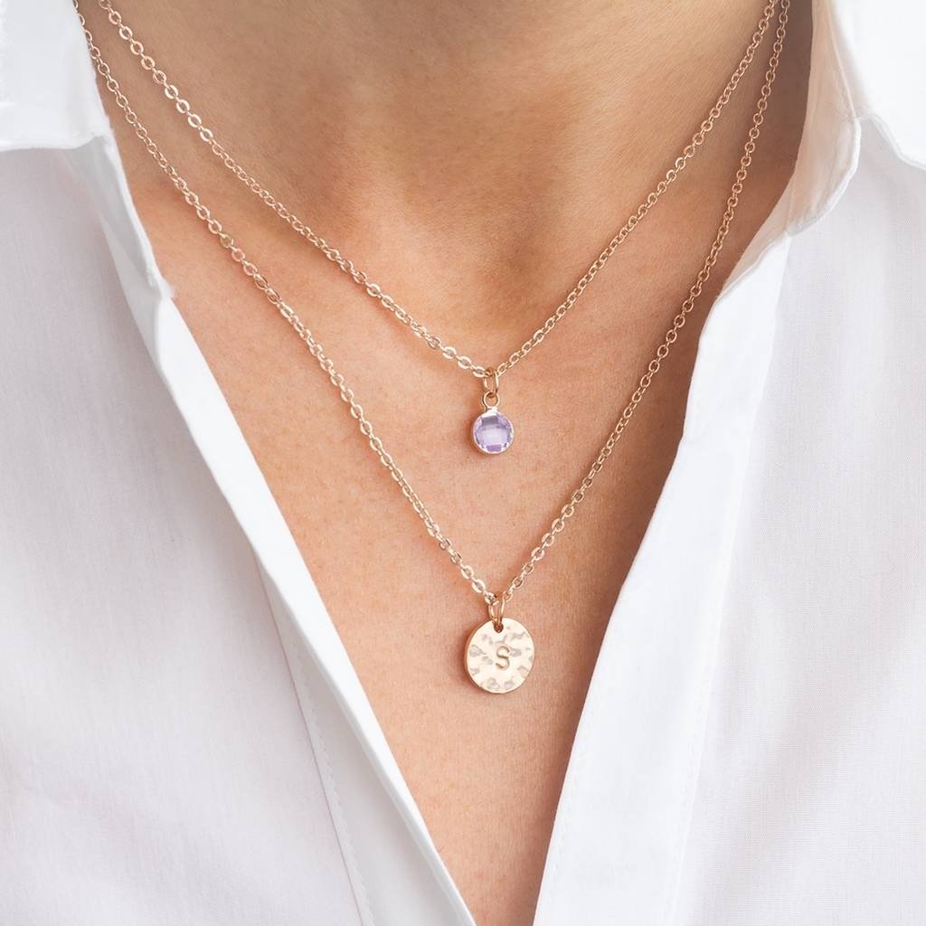Rose Gold Layered Necklace With Birthstone and Handstamped Hammered Disc Charm