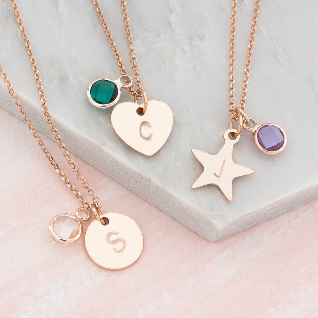 Handstamped Shape Charm Necklace with Birthstone