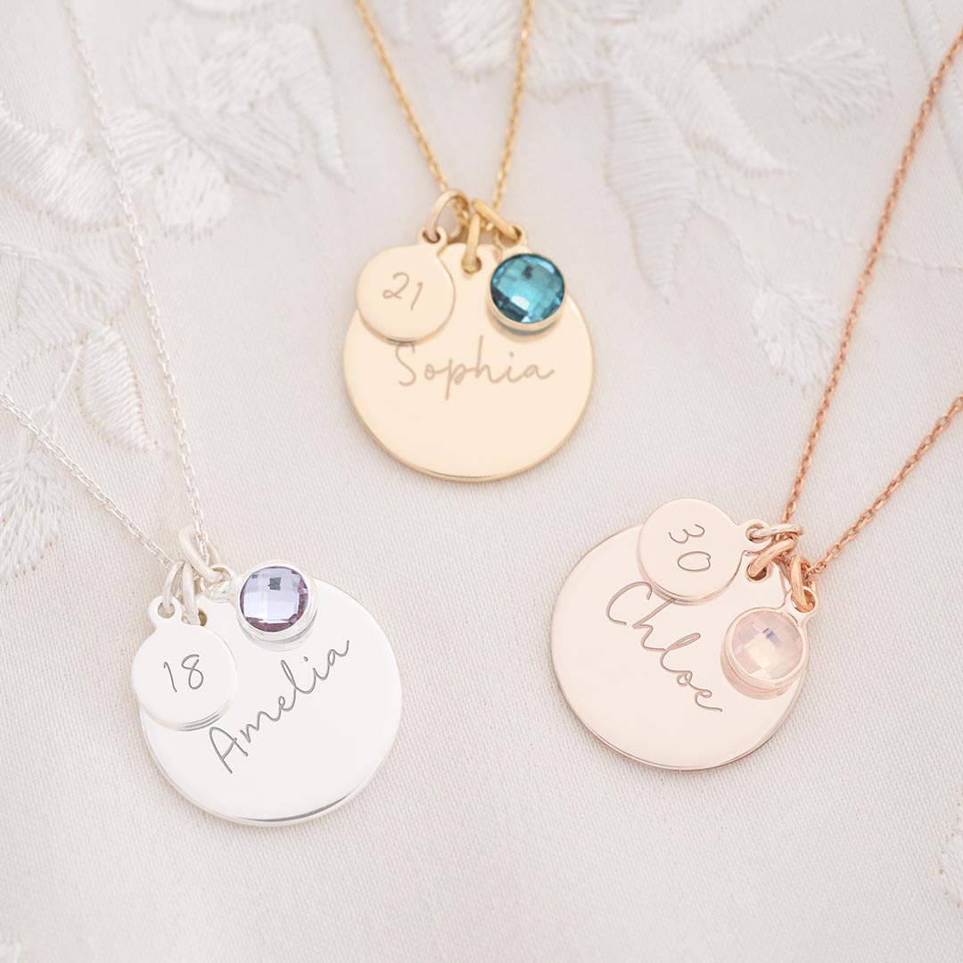Sterling Silver, Gold and Rose Gold Personalised Birthdays Necklaces. Engraved with a Name and Age accompanied by a birthstone.