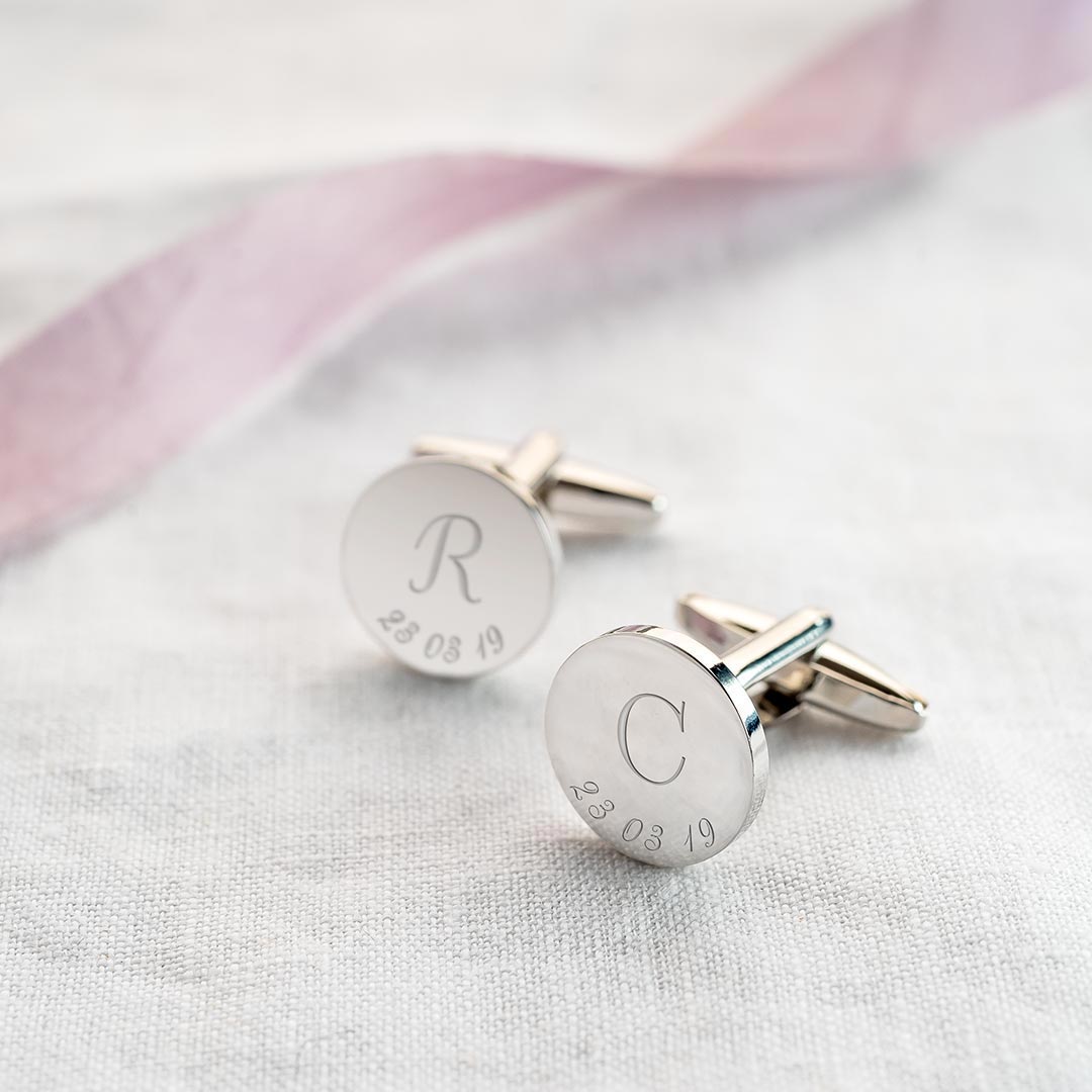 silver plated disc cufflinks engraved with a contemporary style initial and date